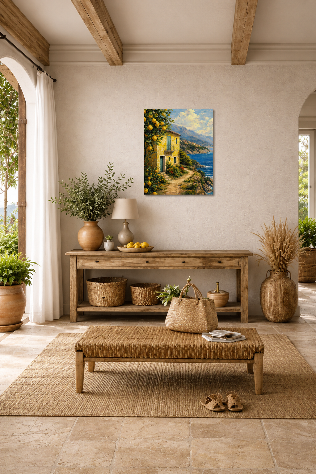 Mediterranean entryway mockup with Italy Seaside Retreat canvas wall art in rustic coastal interior with console table and woven decor