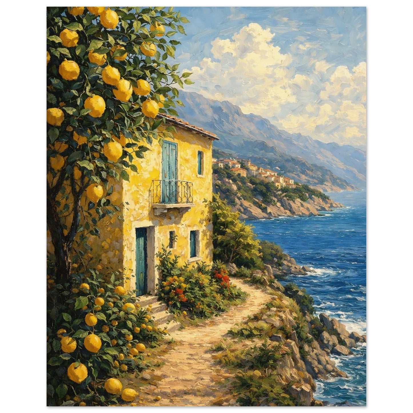 Italy Seaside Retreat poster, vertical view of a lemon tree, yellow coastal house and path down to the blue Mediterranean sea