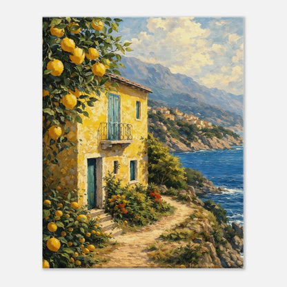 Vertical canvas print of the Italian coastal village with the lemon tree in the foreground.