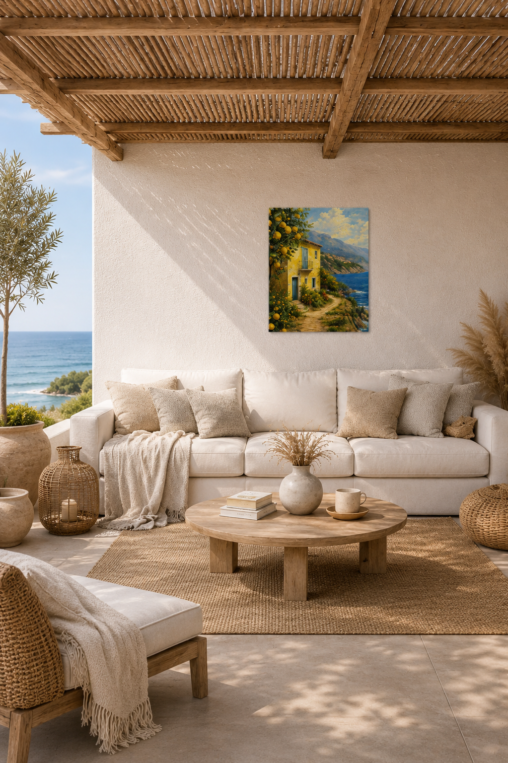 Mediterranean outdoor terrace mockup with Italy Seaside Retreat canvas wall art overlooking sea view with neutral lounge furniture and natural textures