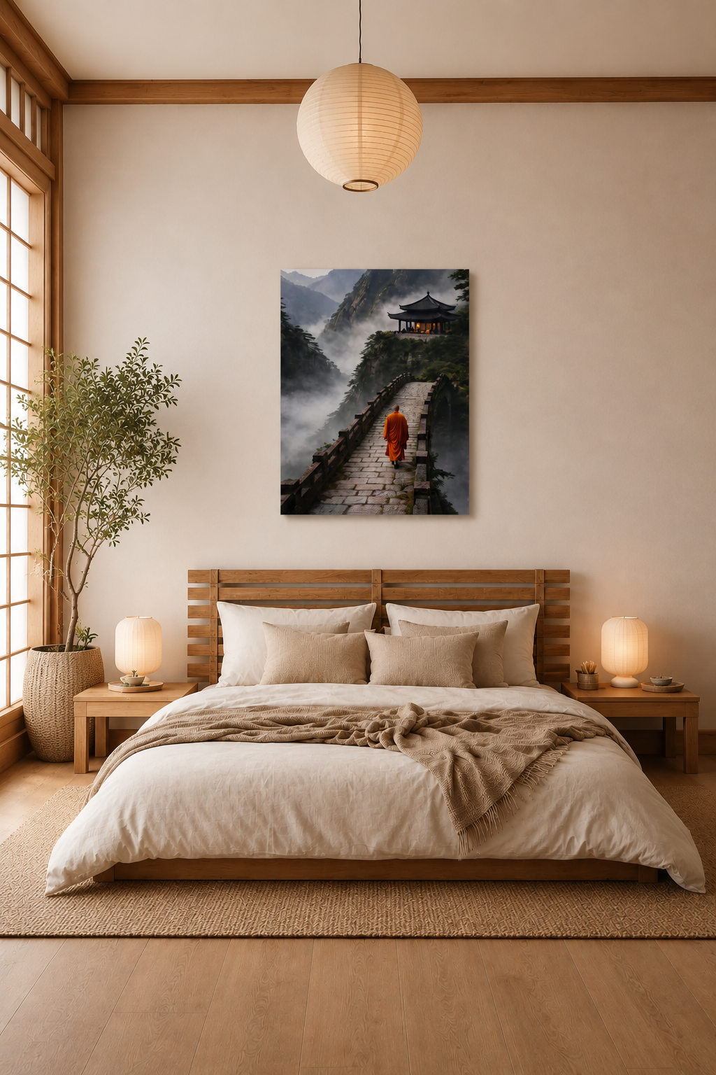 Zen monk canvas wall art displayed above a Japandi style bed in a minimalist Japanese bedroom with warm wood accents