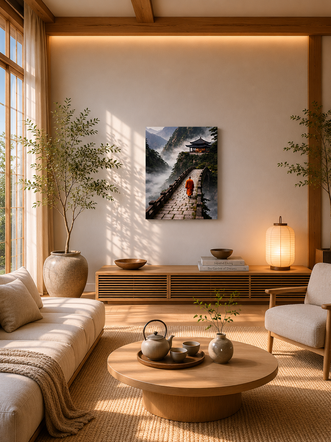 Zen monk canvas wall art displayed in a modern Japandi living room with neutral furniture, wooden coffee table and warm lighting
