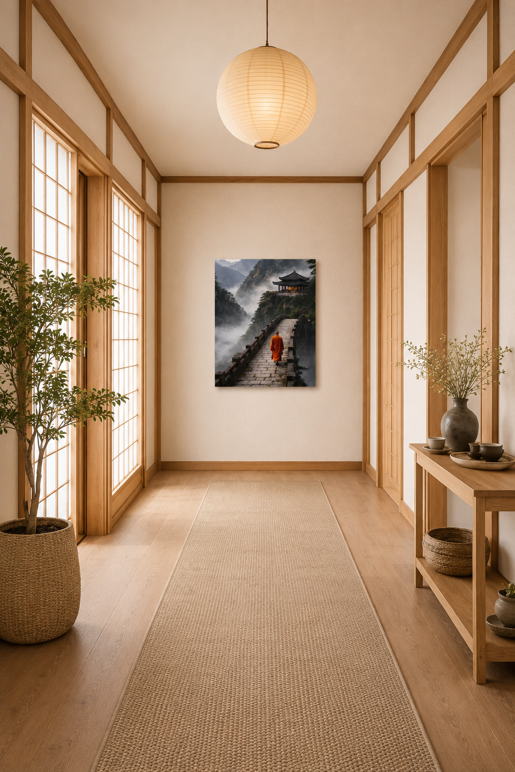 Zen monk canvas wall art displayed in a modern Japanese hallway with shoji panels, wooden details and soft natural light