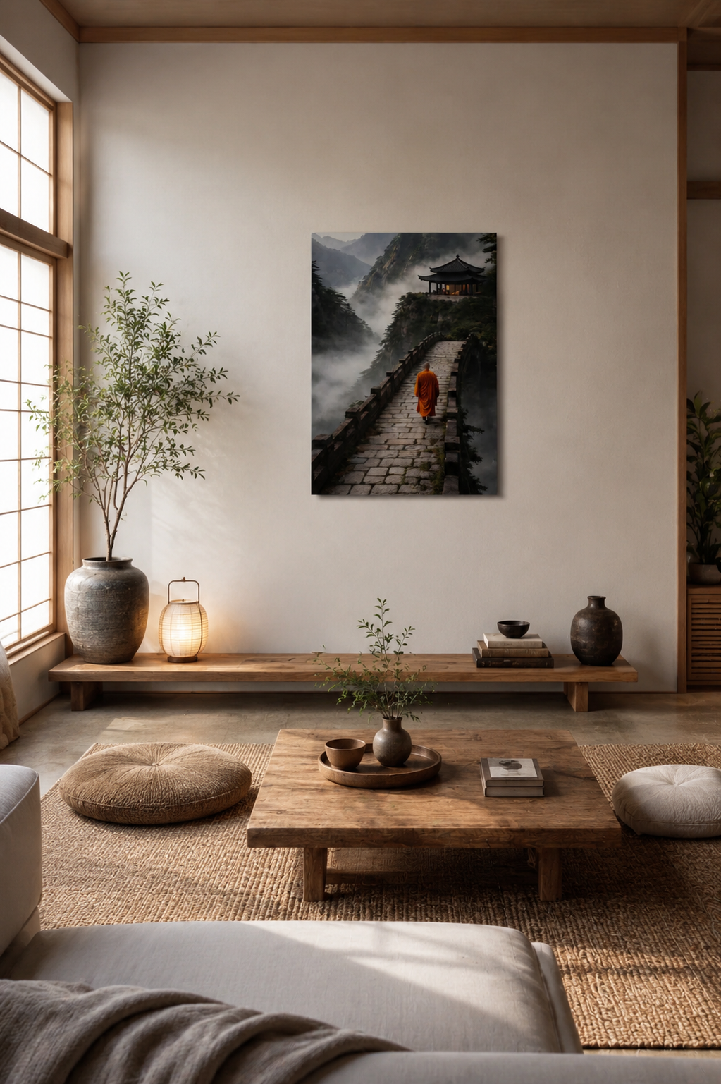 Zen monk canvas wall art displayed in a minimalist Japanese meditation room with floor cushions, low wooden table and neutral decor