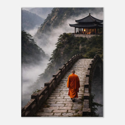 Vertical view of the Japan Zen Path canvas showing pine trees, cliffs and the monk's orange robe against grey mist