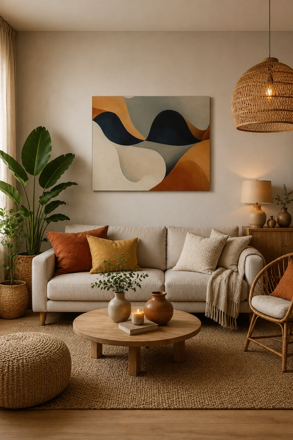 Neutral abstract canvas wall art above sofa in cozy Japandi living room with warm wood decor