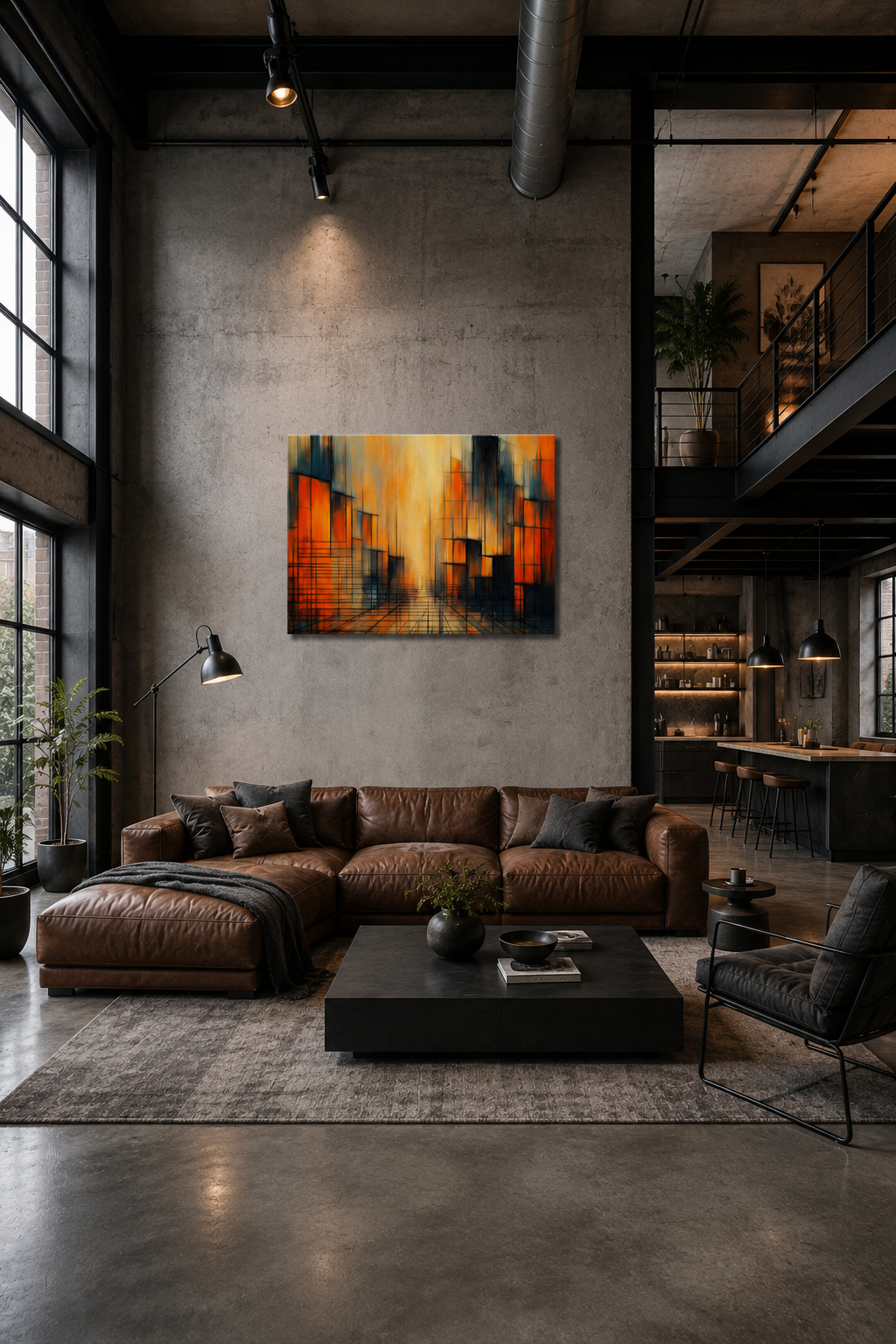 Large abstract city canvas print hanging in an industrial loft living room with concrete floors, leather sofa and black metal accents.