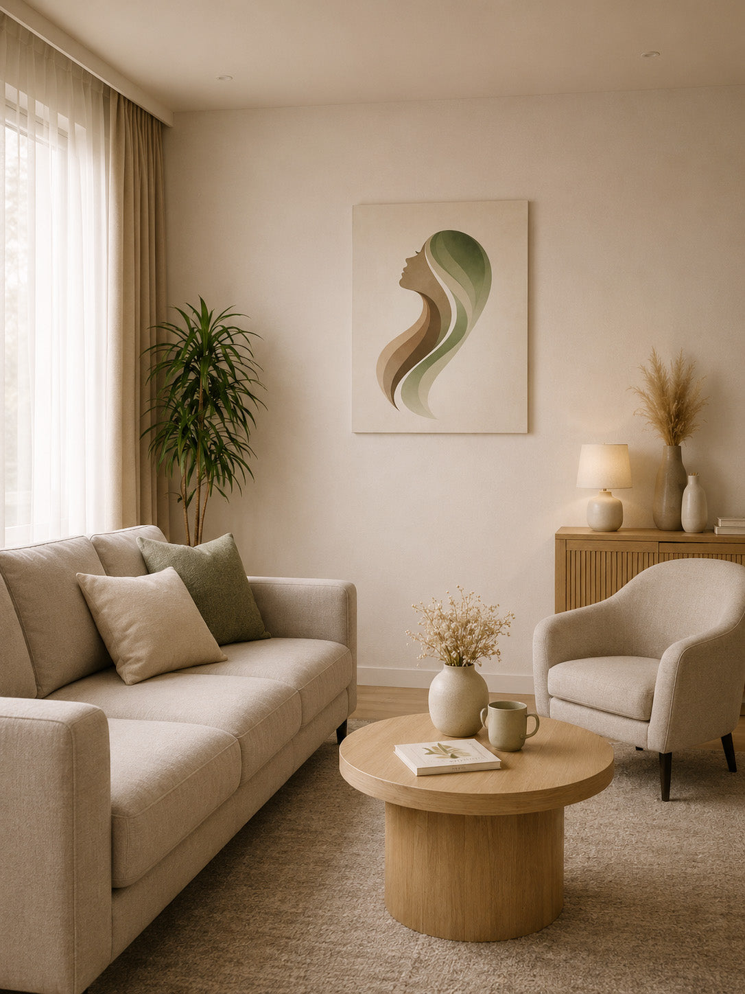 Warm minimalist living room with abstract woman silhouette canvas art in sage green and taupe tones, beige sofa and Scandinavian interior styling.