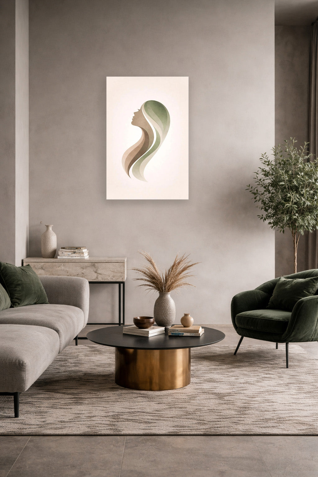 Modern living room interior with abstract woman silhouette canvas artwork, olive green accent chair, neutral palette and minimalist styling.