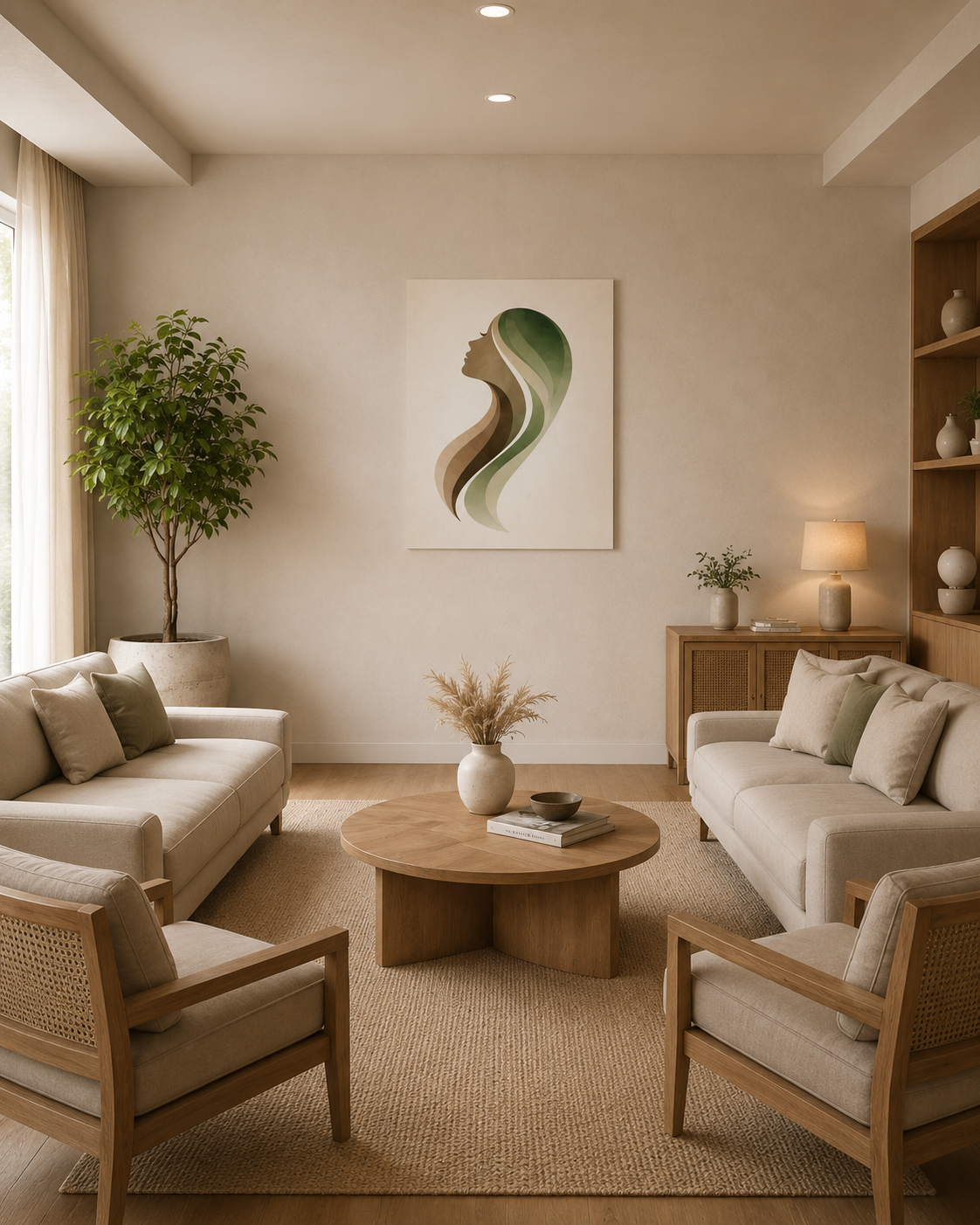 Bright Scandinavian living room mockup displaying minimalist female profile canvas wall art above coffee table, neutral decor and natural wood accents.