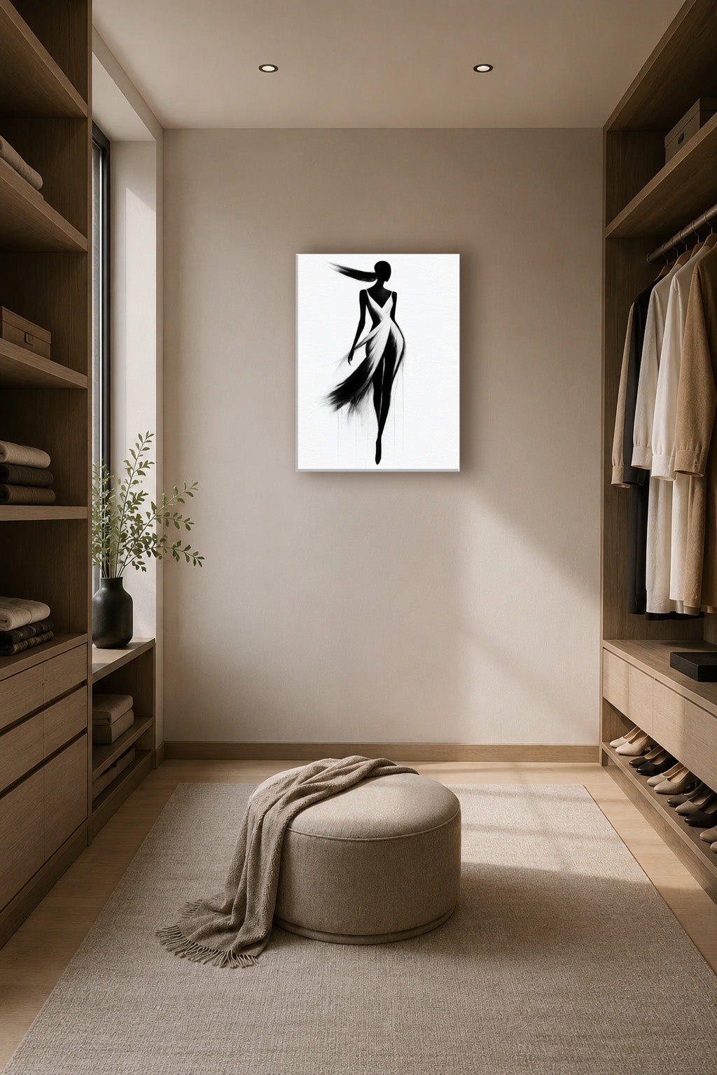 Black and white fashion illustration poster displayed in a luxury walk-in closet with beige tones and soft natural light.
