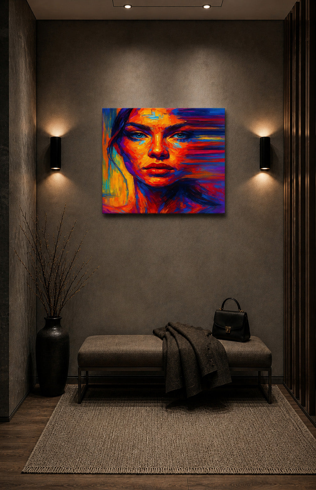 Vibrant abstract woman canvas wall art displayed in a luxury modern hallway with dark walls, elegant lighting and minimalist decor.