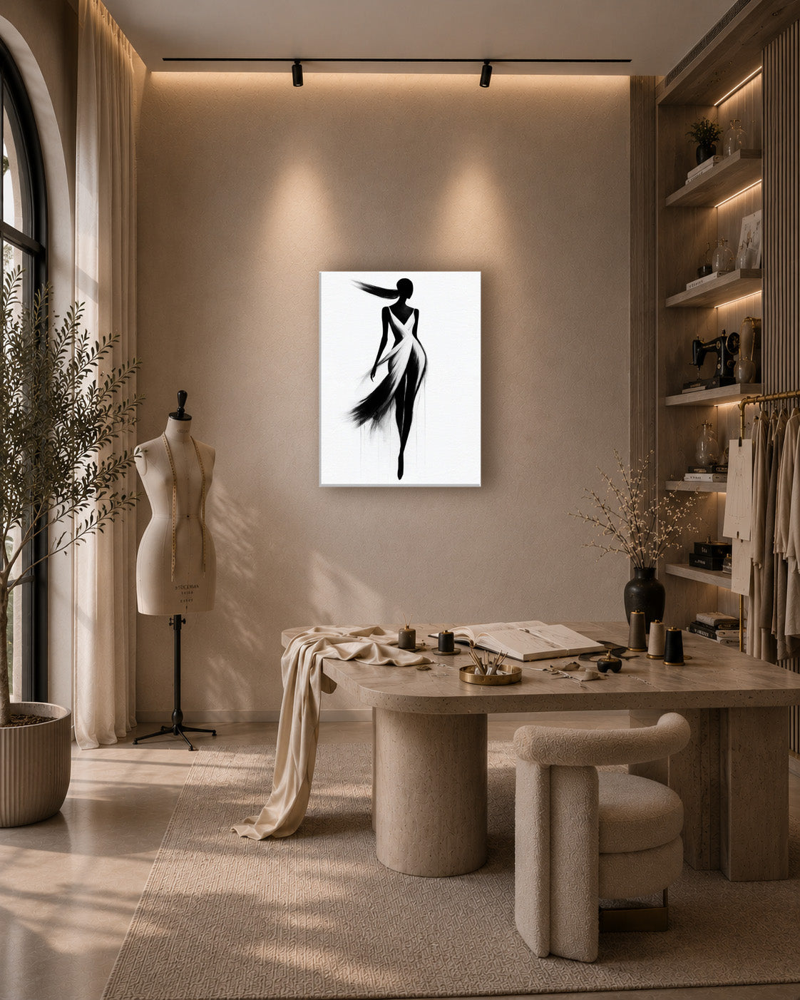 Fashion artwork displayed in an upscale sewing studio with mannequin, fabrics and neutral decor.