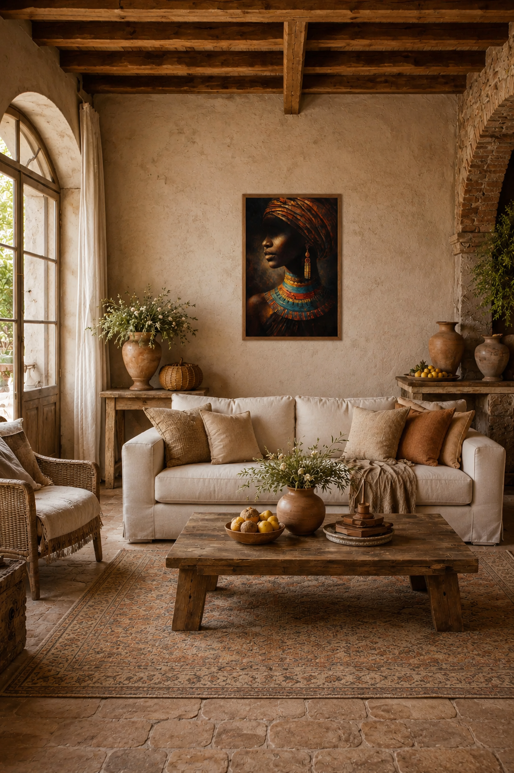 Framed portrait artwork displayed above a neutral sofa in a warm Mediterranean living room with rustic wood furniture, pottery decor and stone details.