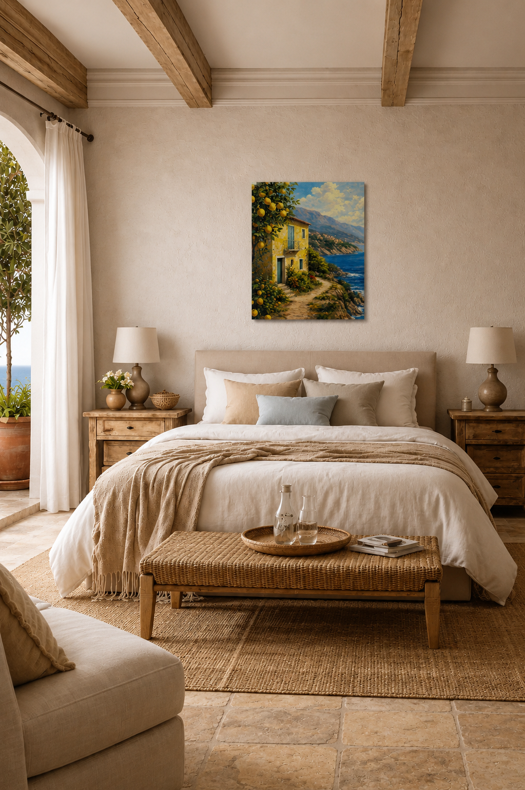 Mediterranean bedroom mockup with Italy Seaside Retreat canvas wall art above bed in warm coastal interior with natural textures and wooden beams