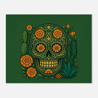 Mexica Aztec Bloom modern skull floral canvas wall art with a decorative sugar skull, marigolds and cacti on a deep green background