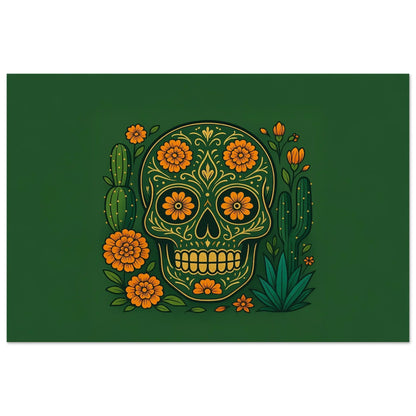 Mexica Aztec Bloom modern skull floral wall art poster with a sugar skull, marigolds and cacti on a deep green background