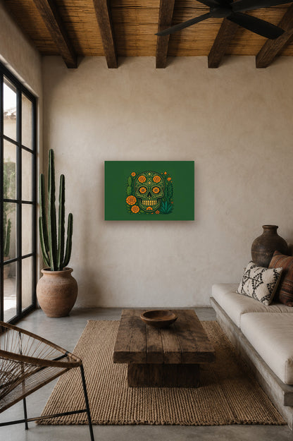 Mexican hacienda style living room with wooden ceiling beams, neutral sofa and green sugar skull artwork displayed on a textured wall.