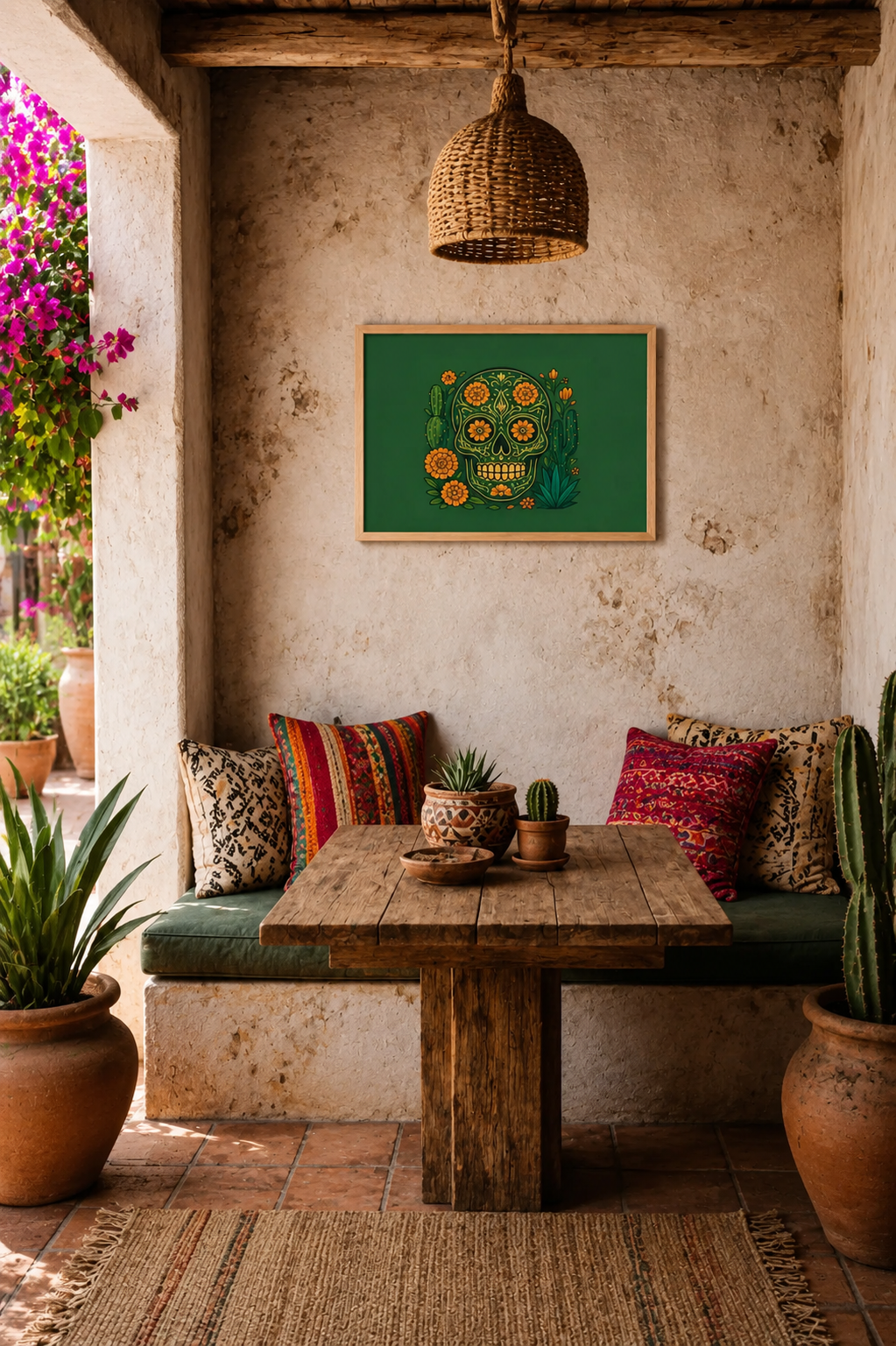 Mexican patio nook with rustic wooden bench seating, terracotta walls, cactus decor and green sugar skull wall art in a light wood frame.