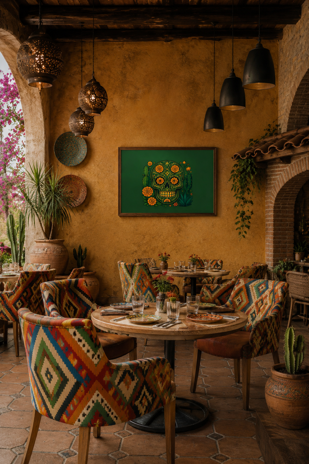 Authentic Mexican restaurant interior with patterned chairs, terracotta walls, artisan decor and green floral sugar skull wall art in a light wood frame.