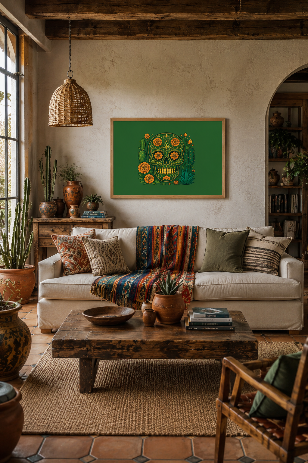 Warm Mexican-inspired living room with textured walls, wooden coffee table, colorful textiles and green sugar skull artwork in a light wood frame.