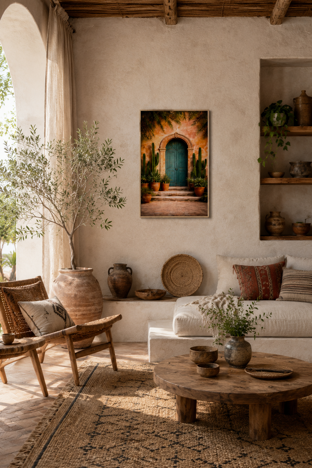 Mediterranean living room with framed Mexico door poster, earthy decor, rustic wood furniture, neutral textiles and natural sunlight.