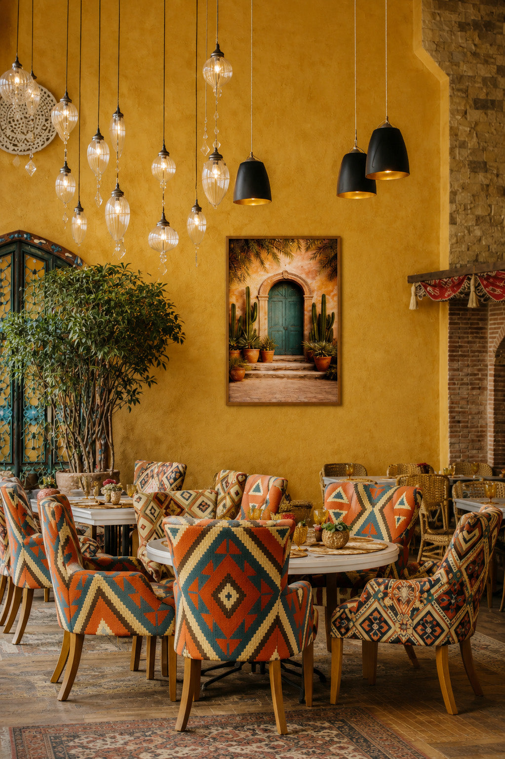 Moroccan dining interior with framed Mexico door wall art, colorful patterned chairs, warm ochre walls and decorative pendant lights.