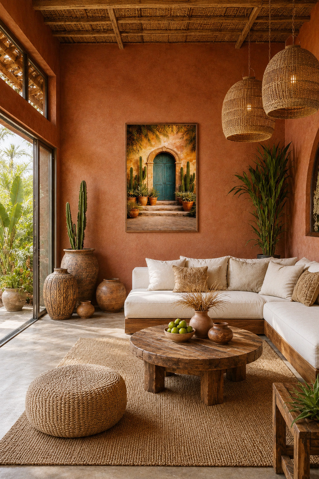 Realistic Moroccan living room interior with framed Mexico door poster in warm terracotta setting, neutral sofa, woven pouf and rustic wooden coffee table.