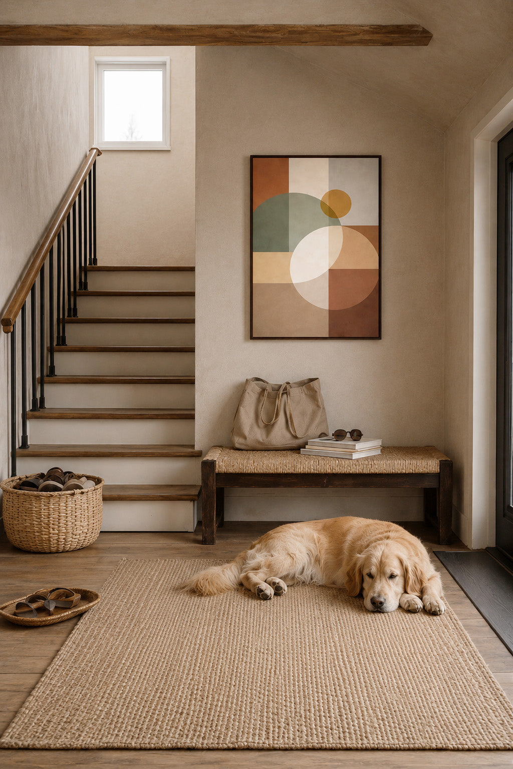 Modern abstract geometric canvas print with dark wood frame styled in a cozy neutral entryway interior above a bench with natural decor and sleeping dog.