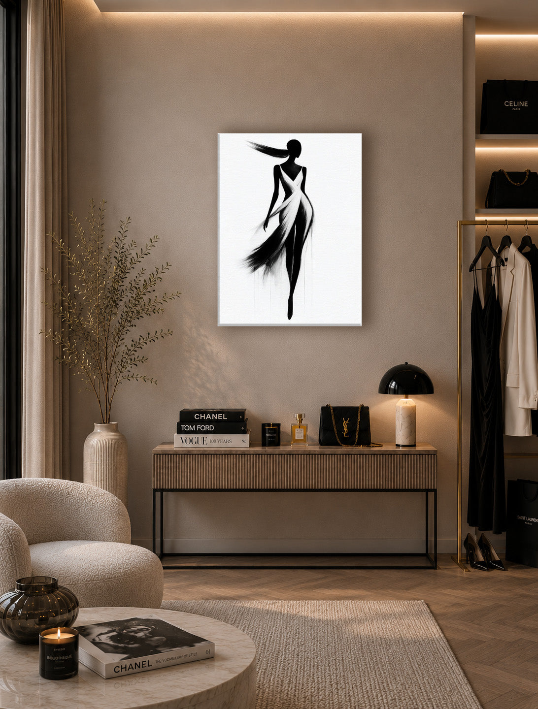 Elegant fashion sketch wall art above a modern console table in a warm neutral designer interior.