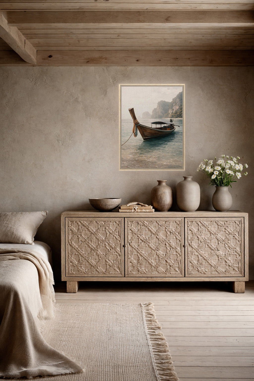 minimalist framed canvas wall art above cabinet neutral home decor