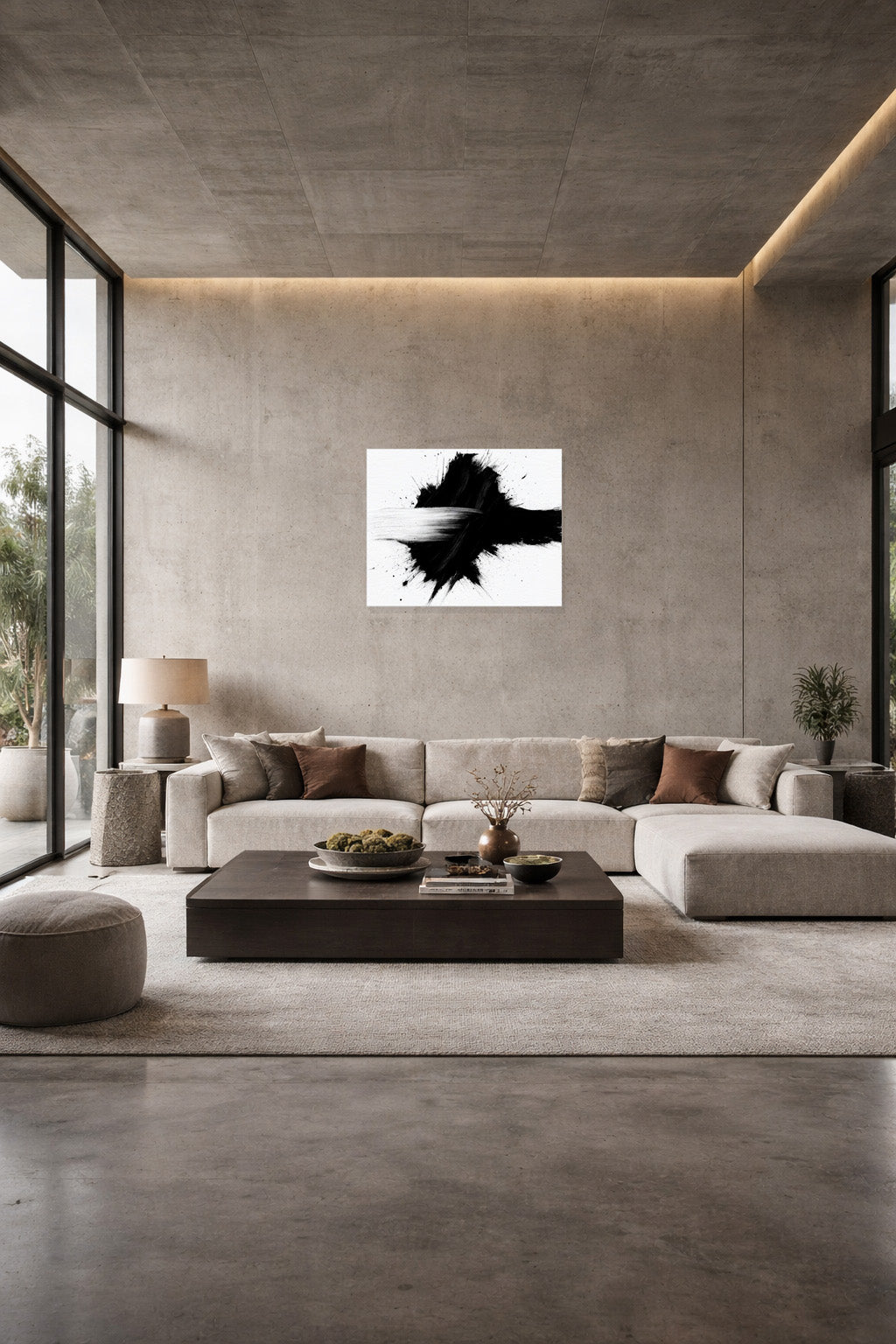 Minimalist abstract black brush stroke wall art in contemporary living room interior decor