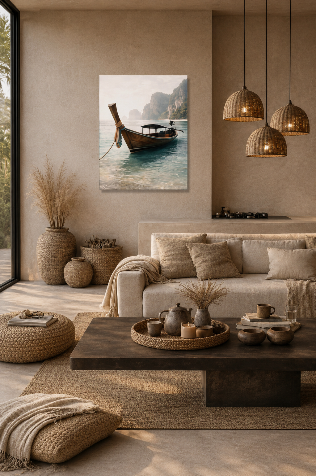 Modern neutral living room mockup featuring tropical long boat canvas wall art above dark coffee table with beige sofa and woven decor accents.