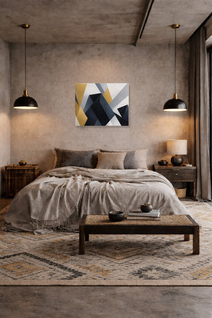 Geometric canvas wall art above a bed in a bedroom with wooden beams and linen bedding