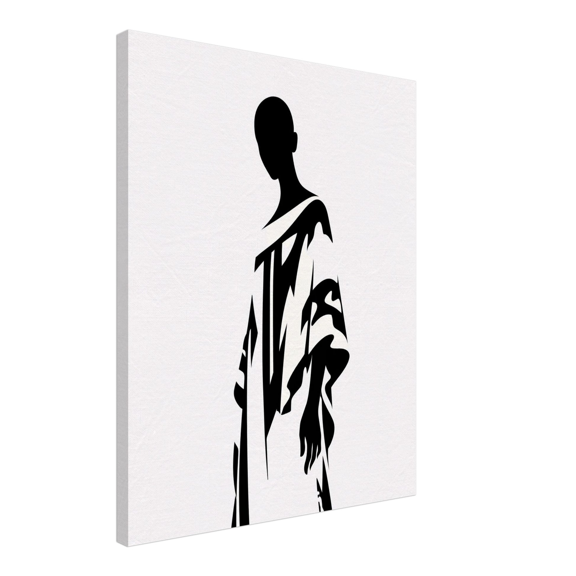 Minimalist canvas wall art showing an abstract black figure from a side angle, highlighting the depth and texture of a modern canvas print for contemporary wall decor