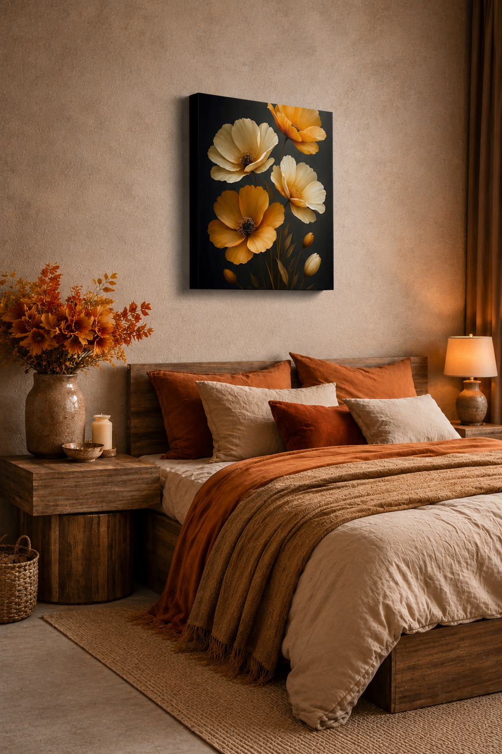 Botanical floral canvas wall art above cozy bedroom bed with warm terracotta bedding and soft ambient lighting