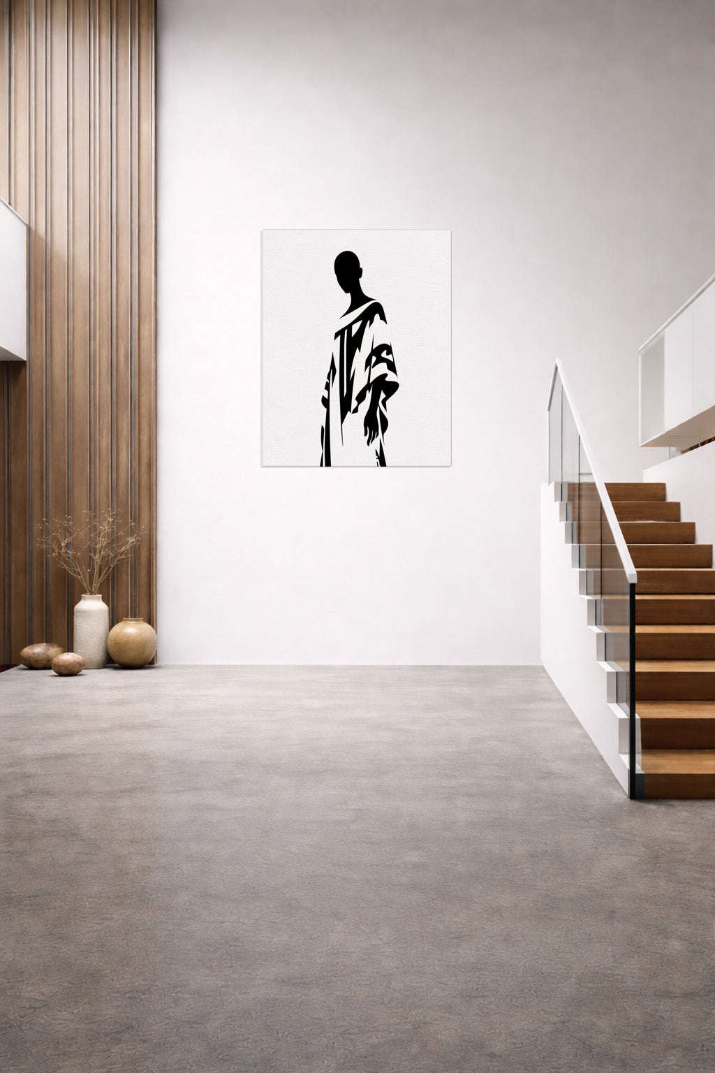 Minimalist interior design featuring a large empty white wall and modern staircase, created as a clean backdrop for hanging contemporary wall art or canvas prints