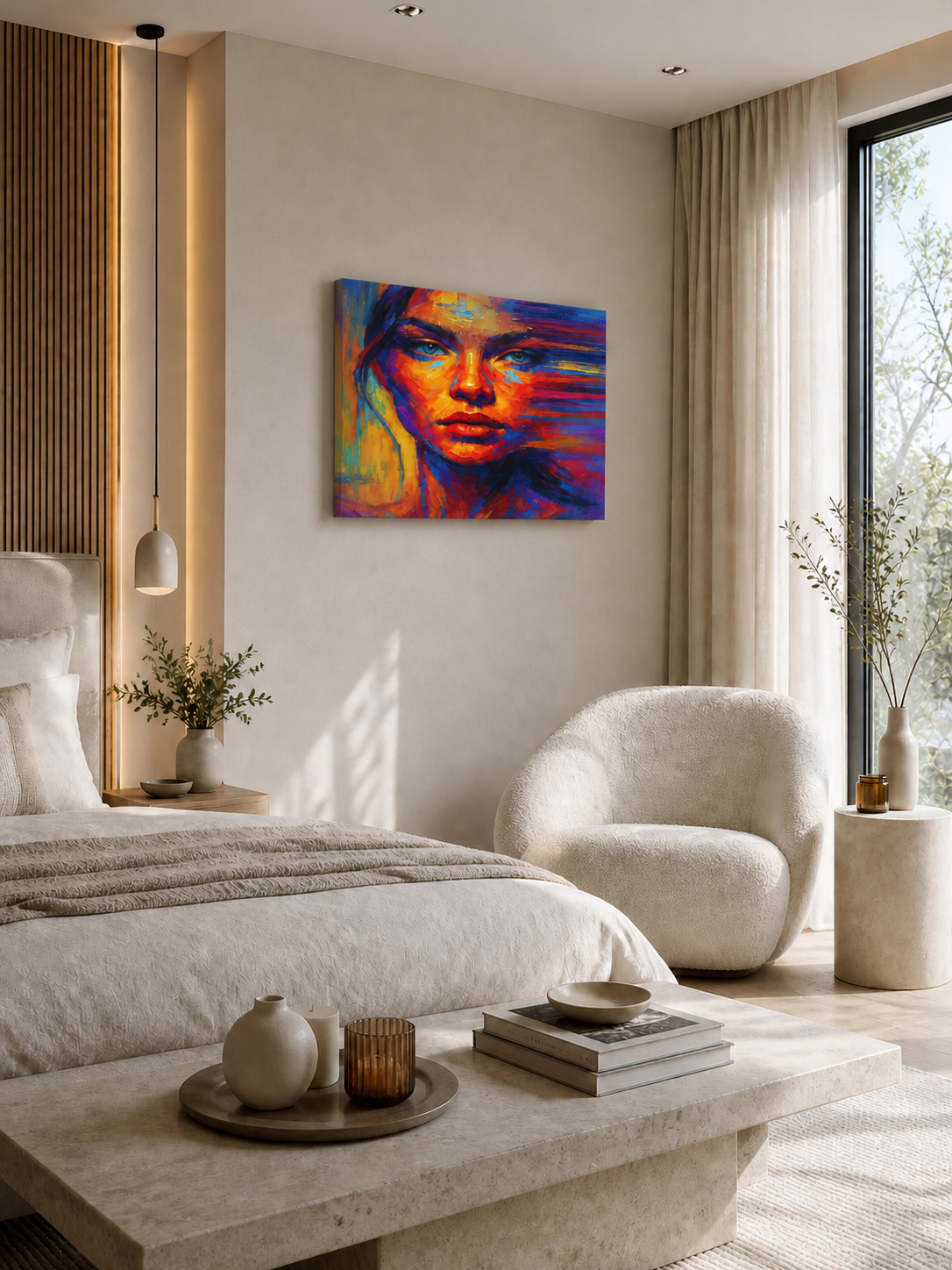 Vibrant abstract portrait canvas print styled in a bright minimalist living room with soft beige furniture and natural light.