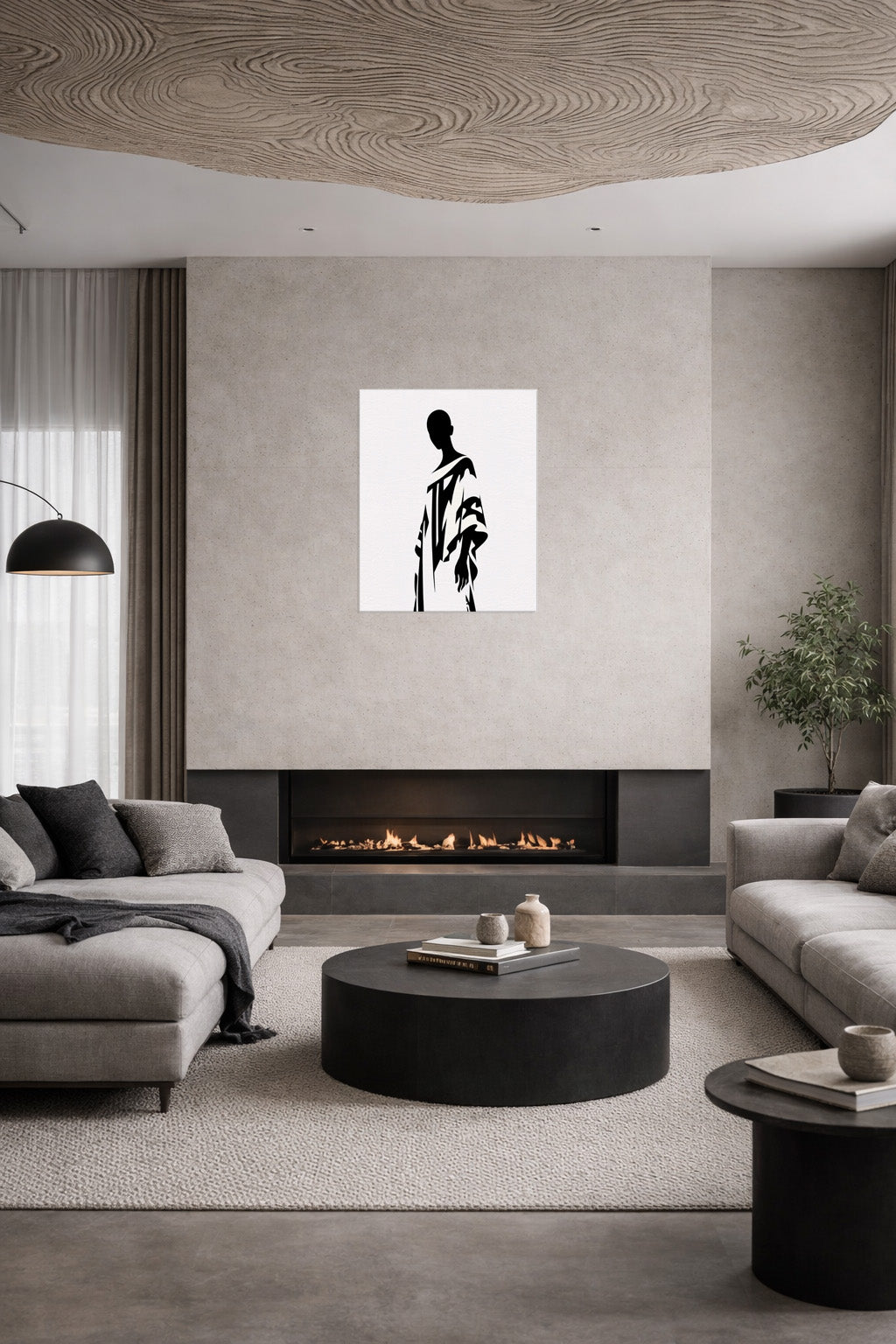 Minimalist living room interior with a modern fireplace and completely blank wall, ideal for visualizing abstract wall art in calm, neutral, and modern environments