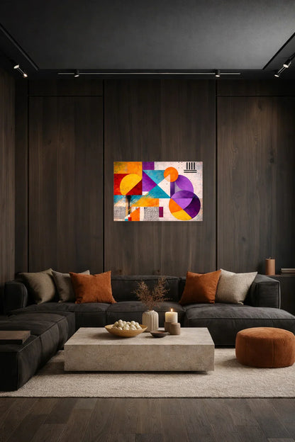 Geometric art poster on a dark wood panelled wall above a beige sofa