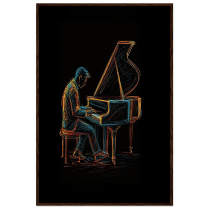 Midnight Melody piano line art in a dark brown wooden frame, showing the blue contours of the pianist's figure.