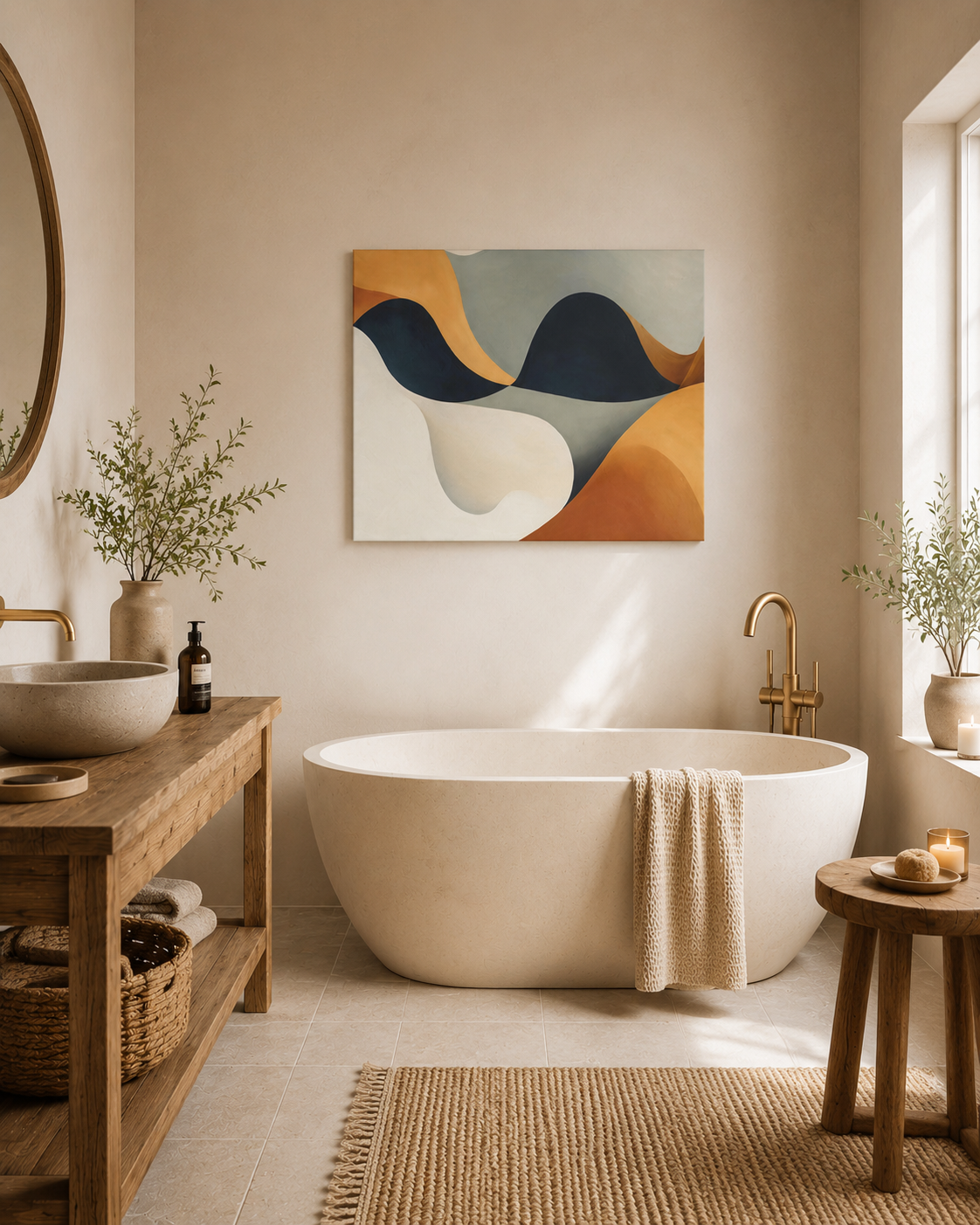 Modern abstract canvas wall art in warm beige bathroom interior with neutral spa decor and minimalist aesthetic