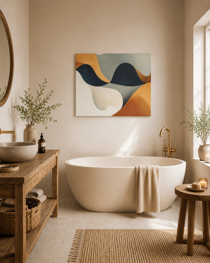 Modern abstract canvas wall art in warm beige bathroom interior with neutral spa decor and minimalist aesthetic
