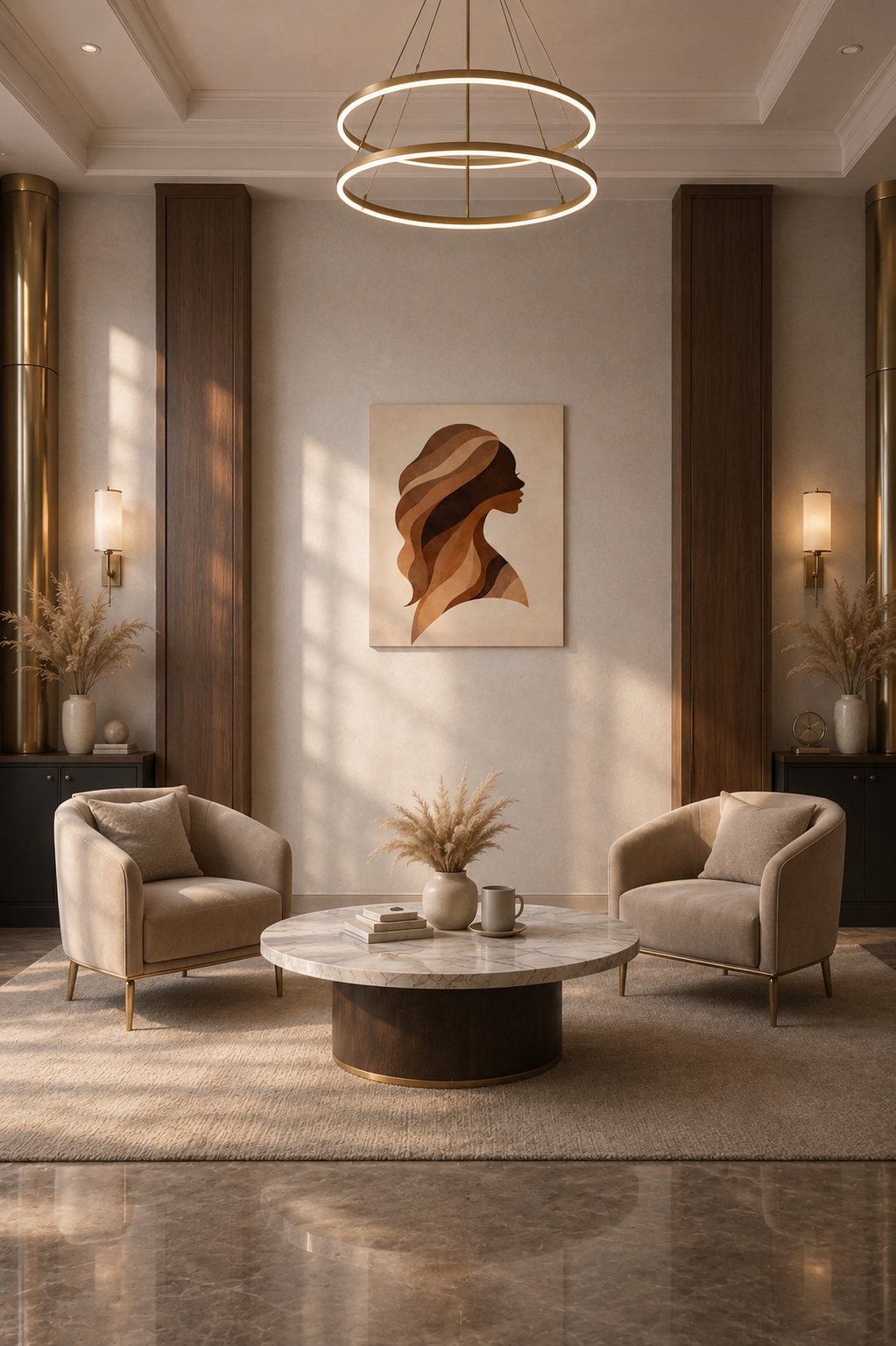 Luxury lounge interior with modern feminine canvas art and warm beige decor