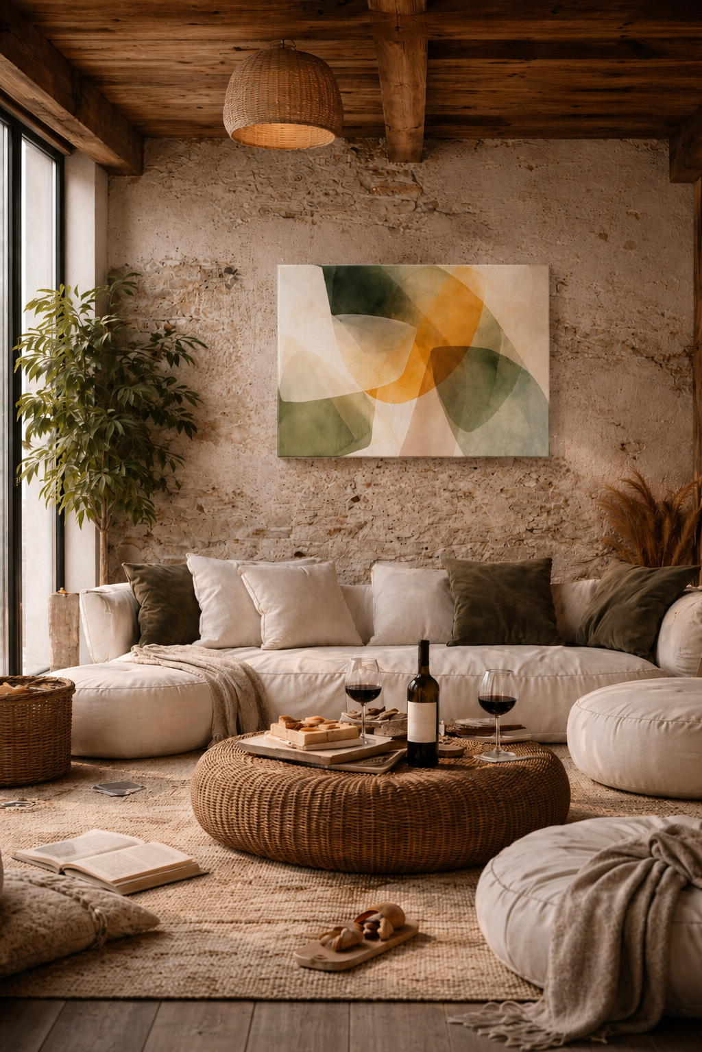Rustic boho living room with abstract canvas wall art and textured neutral decor