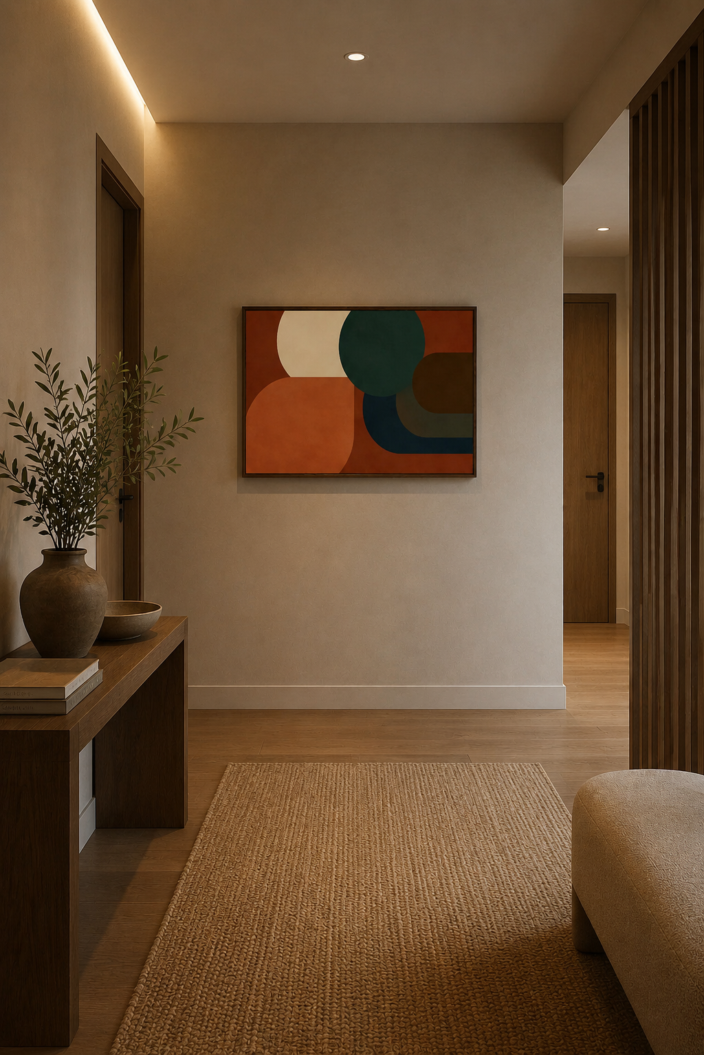 Colorful abstract wall art print in a warm minimalist hallway with neutral decor and modern interior styling.