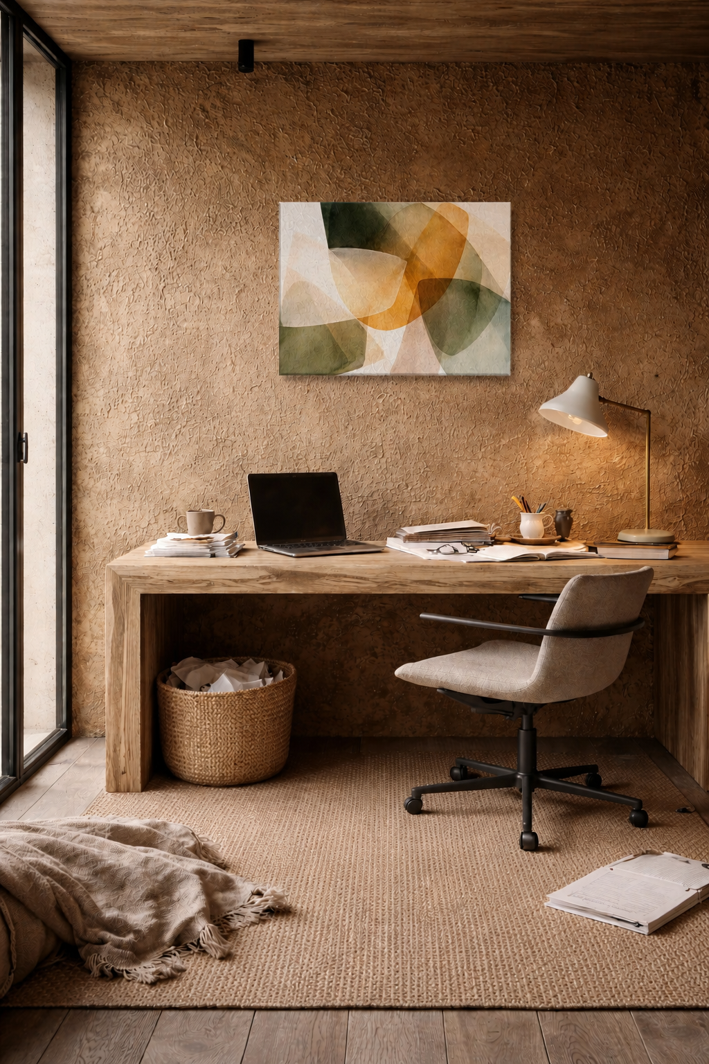 Modern home office with abstract canvas wall art, wooden desk and earthy interior