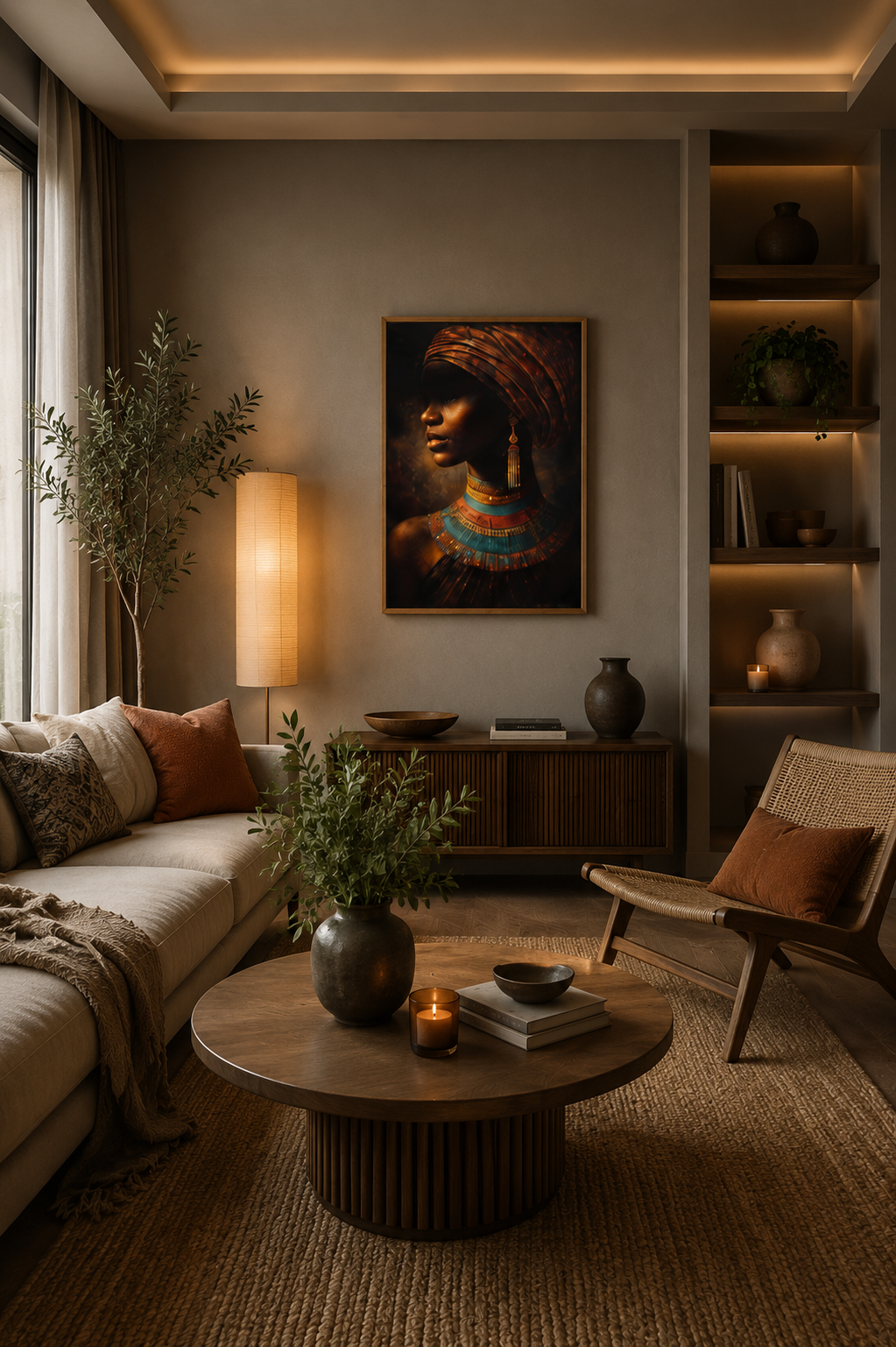 African portrait wall art in a warm modern boho living room with neutral tones, wooden furniture, soft lighting and natural decor accents.
