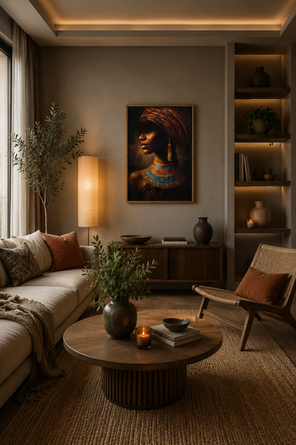 African portrait wall art in a warm modern boho living room with neutral tones, wooden furniture, soft lighting and natural decor accents.