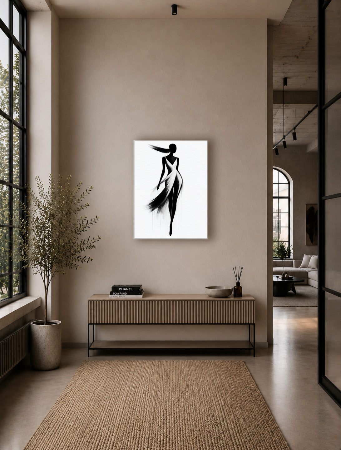 Fashion illustration poster showcased on a tall beige wall in a luxurious minimalist hallway.